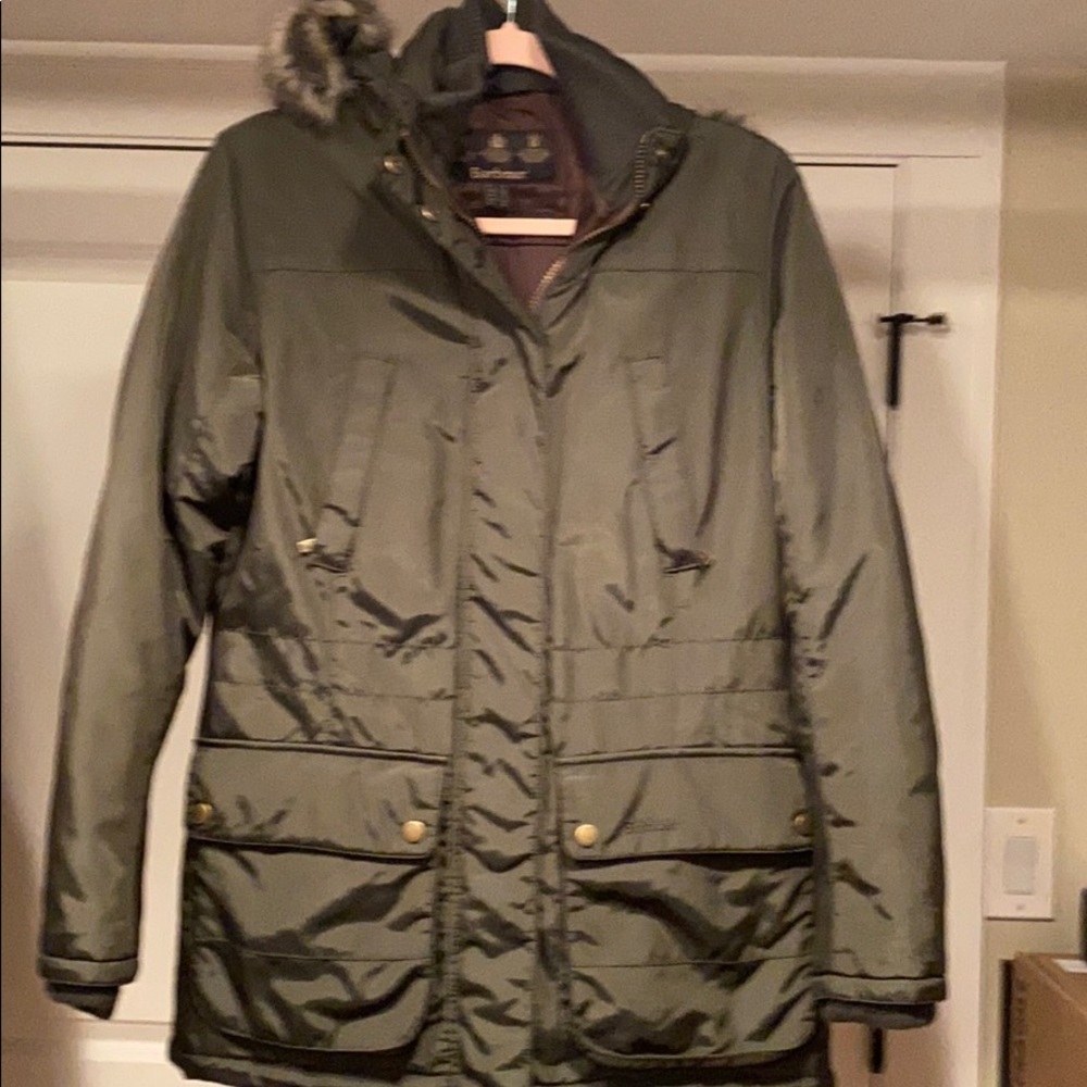Barbour Army green parka with faux fur collar